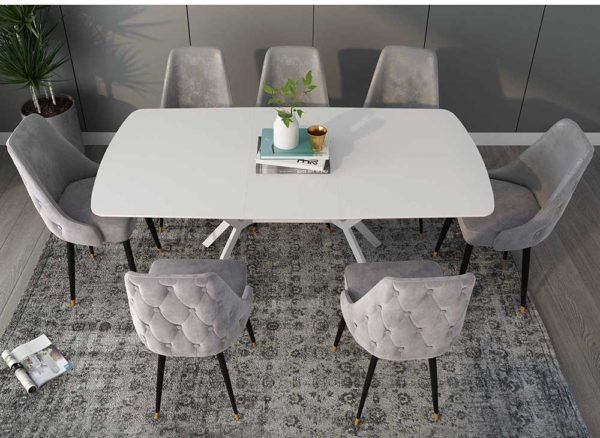 TABLE À MANGER EXTENSIBLE LAQUÉ BLANC PIEDS MÉTAL 4-6 PERSONNES - Image 2