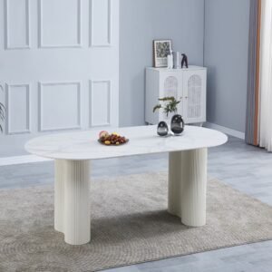 TABLE VENEZIA PIED BEIGE PLATEAU CERAMIQUE MARBRE BLANC